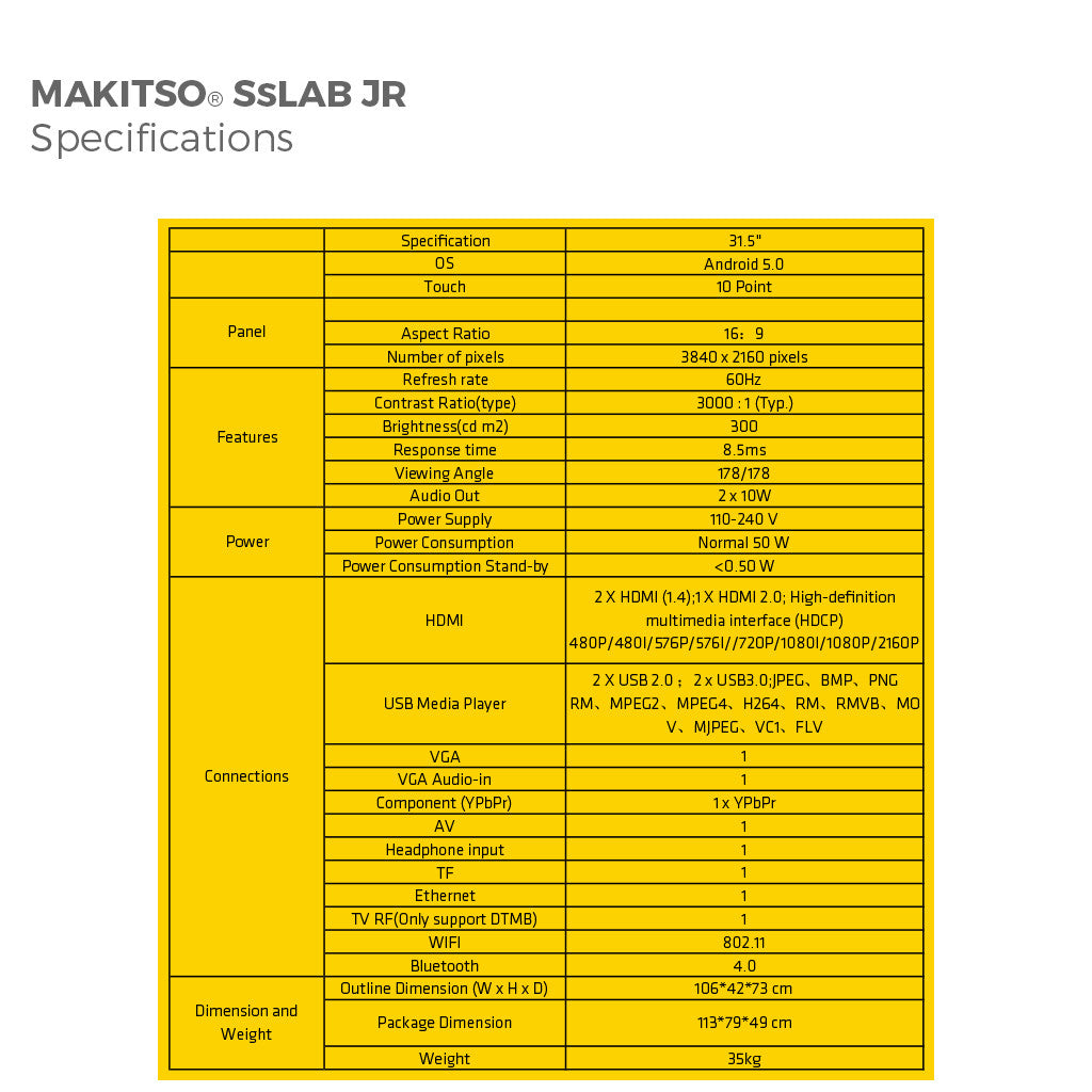 Makitso Sslab JR 32"4K Digital Signage and Table Top Display specs