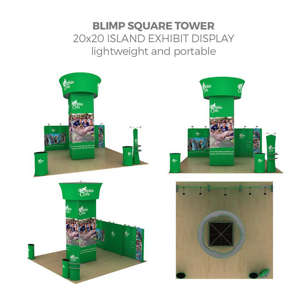 WaveLine® Blimp Squared Tower 20x20 Island Exhibit with 20ft back wall