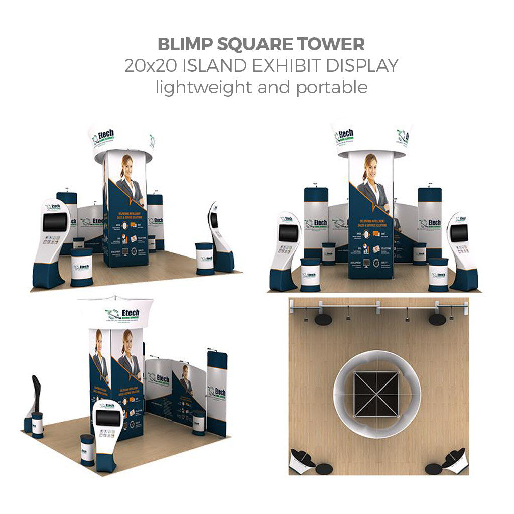 WaveLine® Blimp Squared Tower 20ft Island Exhibit with interactive kiosk