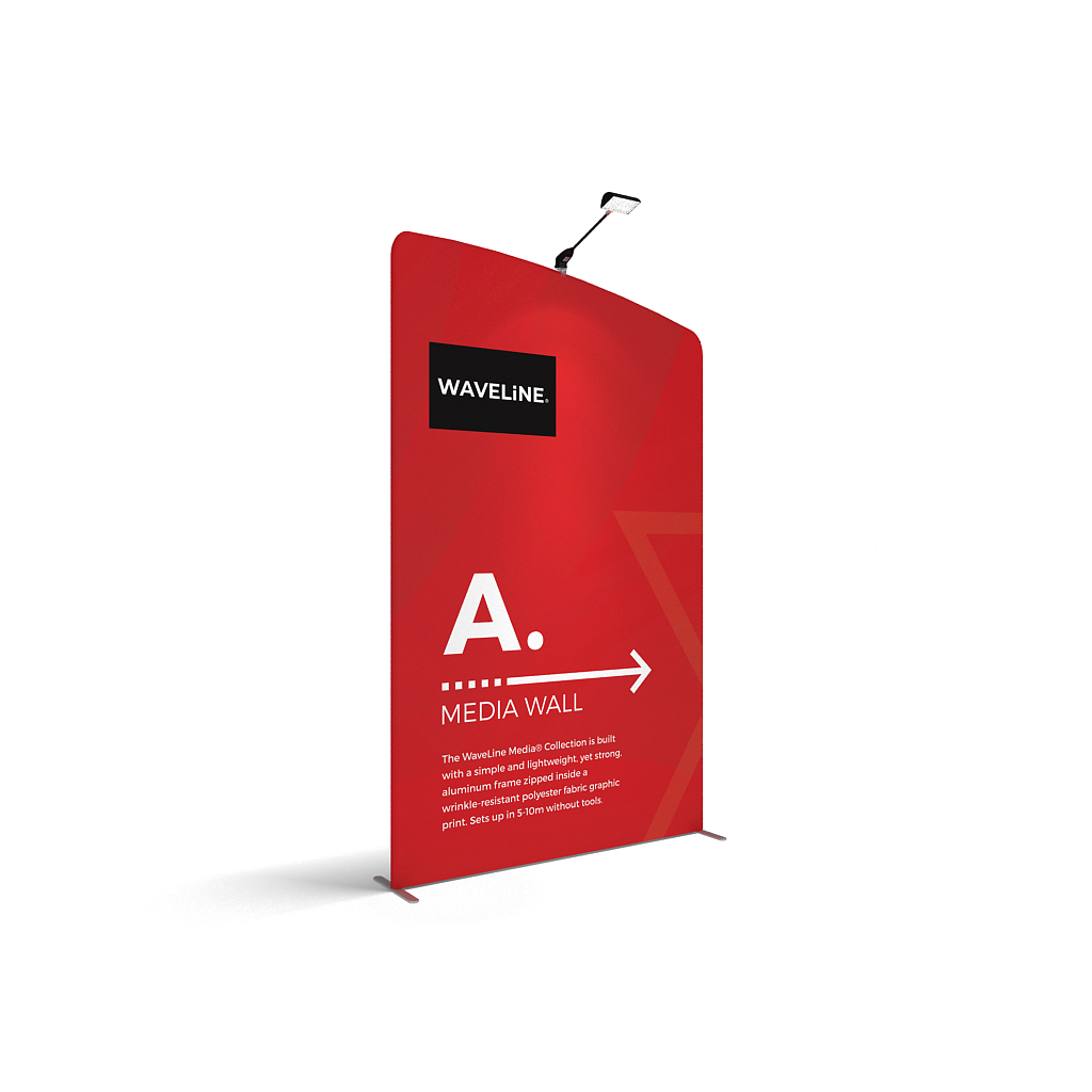 WaveLine® Media Display Wall A Left. Modular Tension Fabric Display Wall. Event marketing trade show display wall. Angle View WaveLine® Media Display Wall Modular.