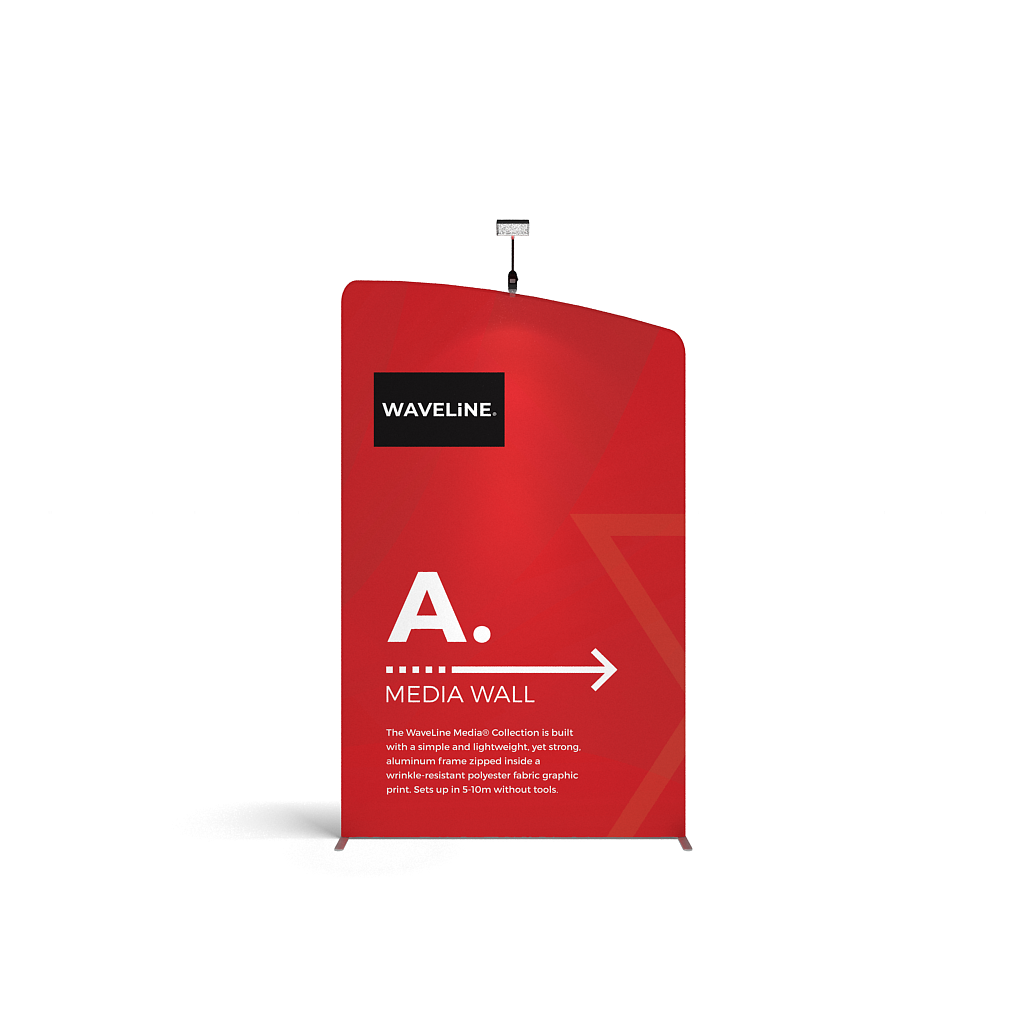 WaveLine® Media Display Wall A - Left Modular Tension Fabric Display Wall. Event marketing trade show display wall. Front View WaveLine® Media Display Wall Modular.