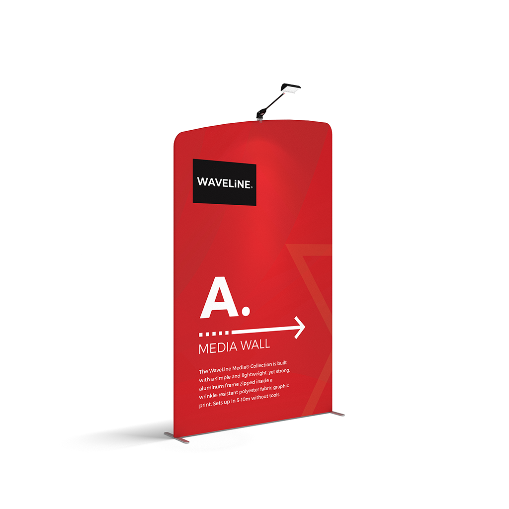 WaveLine® Media Display Wall A Right Modular Tension Fabric Display Wall. Event marketing trade show display wall. Angle View WaveLine® Media Display Wall Modular.