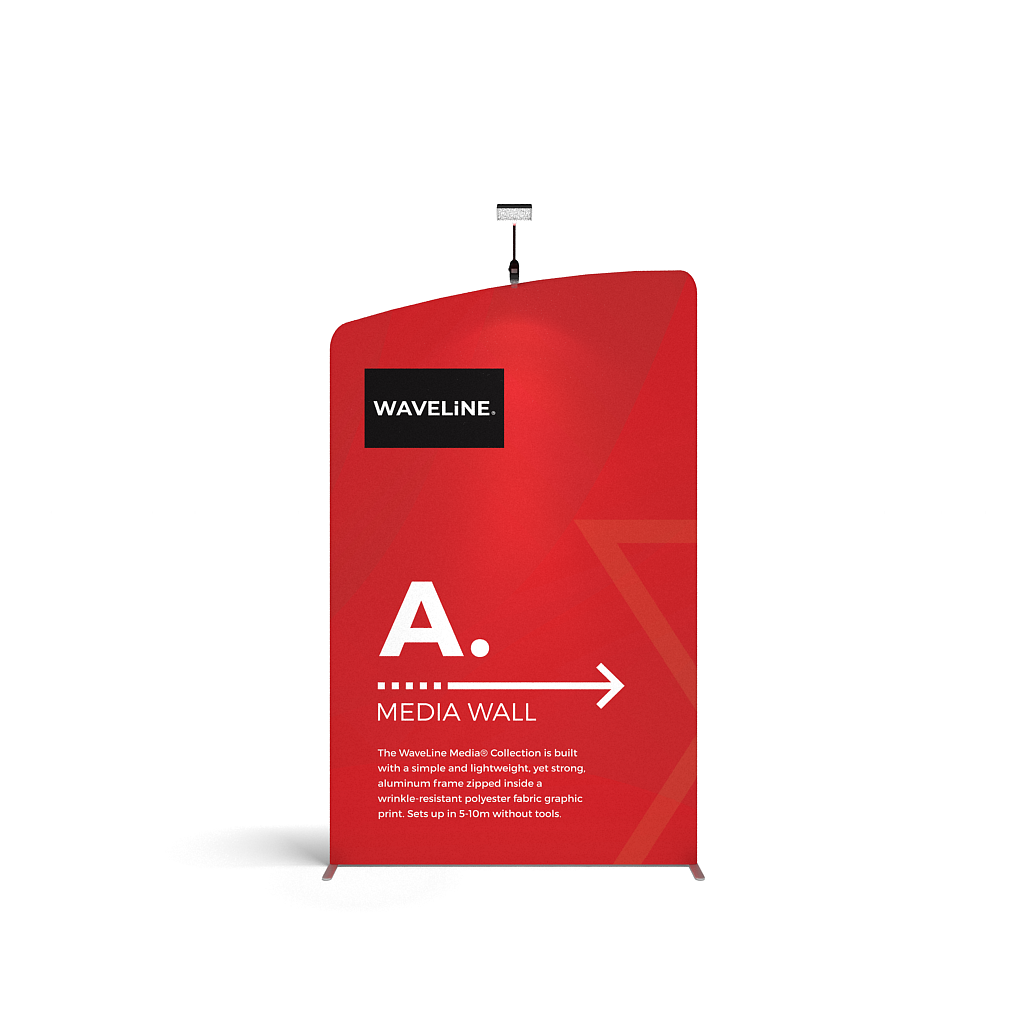 WaveLine® Media Display Wall A Right Modular Tension Fabric Display Wall. Event marketing trade show display wall. Front View WaveLine® Media Display Wall Modular.