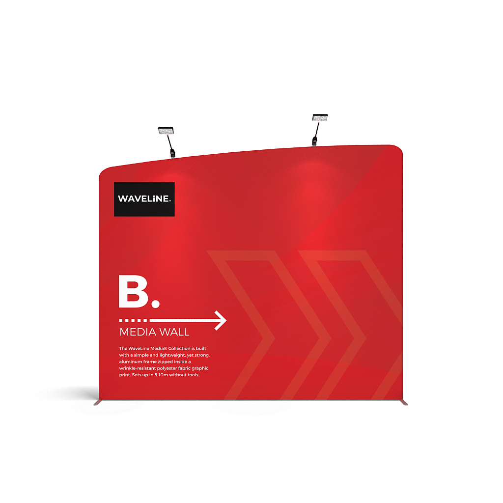 WaveLine® Media Display Wall B Modular Tension Fabric Display Wall. Event marketing trade show display wall. Front View WaveLine® Media Display Wall Modular. WLM-2000
B-L