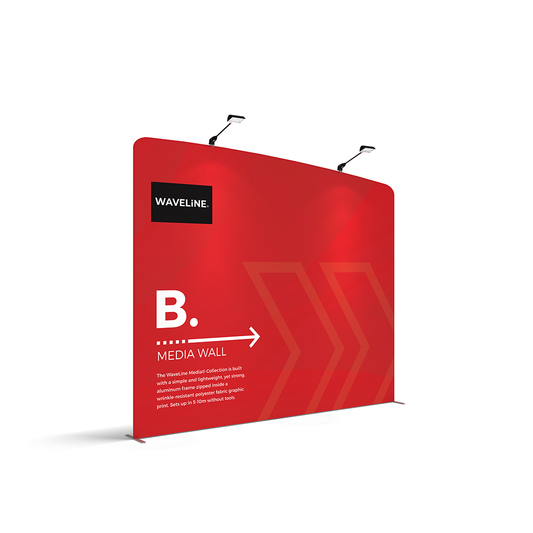 WaveLine® Media Display Wall B Modular Tension Fabric Display Wall. Event marketing trade show display wall. Front View WaveLine® Media Display Wall Modular.
