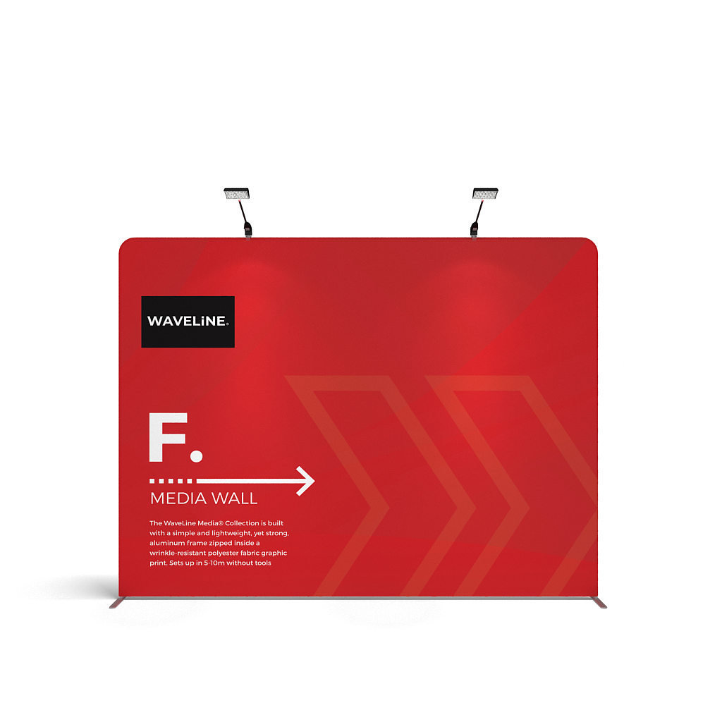 WaveLine® Media Display Wall Modular Tension Fabric Display Wall. Event marketing trade show display wall. Front View WaveLine® Media Display Wall Modular.