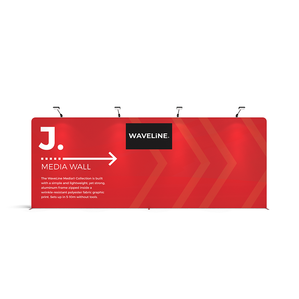 WaveLine® Media Display J Wall Modular Tension Fabric Display Wall. Event marketing trade show display wall. Front View WaveLine® Media Display Wall Modular. WLM-2000NJ