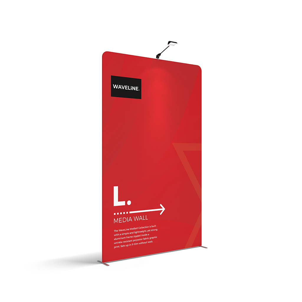 WaveLine® Media Display Wall L Modular Tension Fabric Display Wall. Event marketing trade show display wall. Angle View WaveLine® Media Display Wall Modular. WLM-2000L