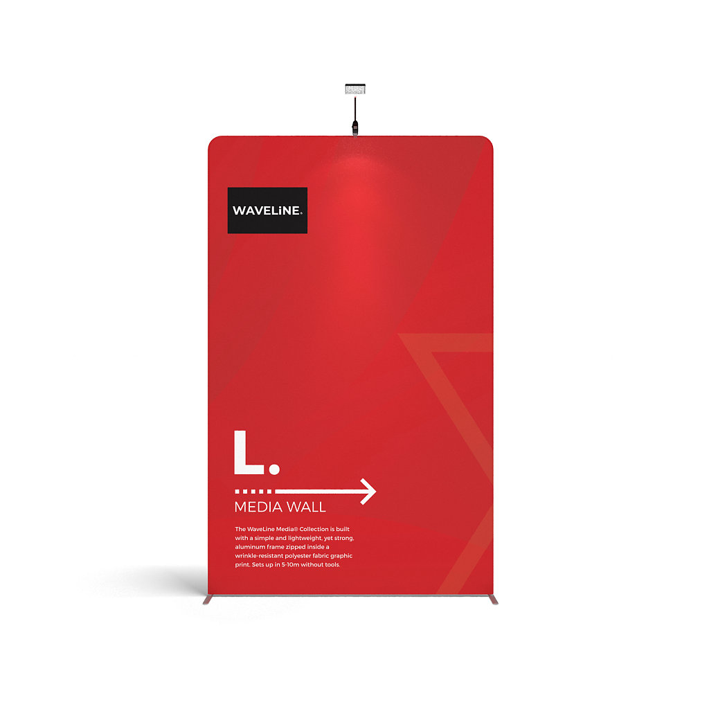 WaveLine® Media Display Wall L Modular Tension Fabric Display Wall. Event marketing trade show display wall. Front View WaveLine® Media Display Wall L Modular. WLM-2000L